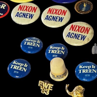 Sale Photo Thumbnail #43: Lot of Political and Novelty Buttons plus Small Pins.                           