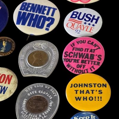 Sale Photo Thumbnail #41: Lot of Political and Novelty Buttons plus Small Pins.                           