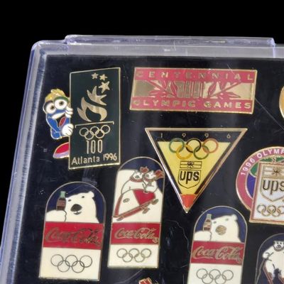Sale Photo Thumbnail #63:  Coca-Cola Olympic Pin Set  Two 8 oz Bottles  and 1993 Final Four Tube.                           