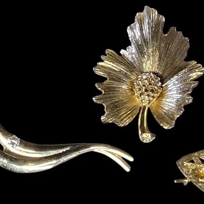 Sale Photo Thumbnail #111:  Lot of 6 Gold-Tone Pins plus Flower Earrings.                           
