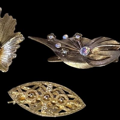 Sale Photo Thumbnail #112:  Lot of 6 Gold-Tone Pins plus Flower Earrings.                           