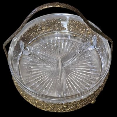 Sale Photo Thumbnail #140:  Vintage Divided Glass Serving Dish in Metal Carrier.                           