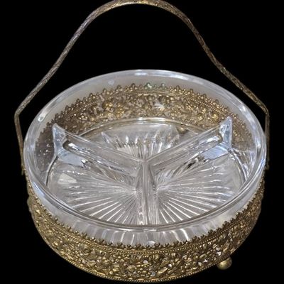 Sale Photo Thumbnail #138:  Vintage Divided Glass Serving Dish in Metal Carrier.                           