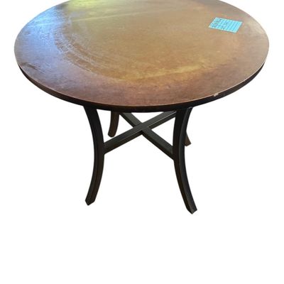 Sale Photo Thumbnail #153: 36" round × 17.5"T and 26.5" round × 25"T. Two matching-style round wood tables with dark legs and stretchers. One is 36" round × 17.5" tall (coffee table height). The other is 26.5" round × 25" tall (side table height). Local   in   / Shreveport area