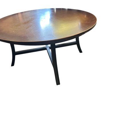 Sale Photo Thumbnail #154: 36" round × 17.5"T and 26.5" round × 25"T. Two matching-style round wood tables with dark legs and stretchers. One is 36" round × 17.5" tall (coffee table height). The other is 26.5" round × 25" tall (side table height). Local   in   / Shreveport area