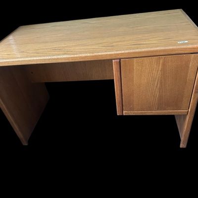 Sale Photo Thumbnail #161: 48"W × 24"D × 29"T Clean MCM light oak desk featuring single right-side door storage cabinet/drawers and smooth oak veneer top. Dimensions: 48" Wide x 24" Deep x 29" Tall.  