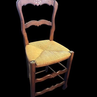 Sale Photo Thumbnail #187: 37.00 Tall 21.00 Seat to Floor 17.00 Seat width Solid wood counter/bar height stool featuring carved floral crest backrest  woven natural rush/straw seat  ladderback crossbar  and lower footrest rungs. 37.00 Tall 21.00 Seat to Floor 17.00 Seat width  