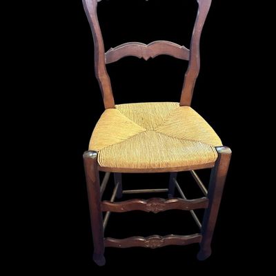 Sale Photo Thumbnail #186: 37.00 Tall 21.00 Seat to Floor 17.00 Seat width Solid wood counter/bar height stool featuring carved floral crest backrest  woven natural rush/straw seat  ladderback crossbar  and lower footrest rungs. 37.00 Tall 21.00 Seat to Floor 17.00 Seat width  