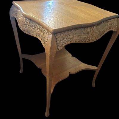 Sale Photo Thumbnail #202: 24" square × 29"T Square wood accent side table with dark painted finish and lower support legs. Dimensions: 24" Square x 29" Tall.  