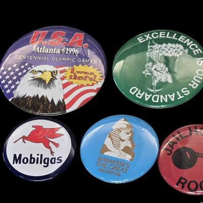 Sale Photo Thumbnail #204:  Lot of Misc Pinback Buttons plus Miniature Clogs.                           