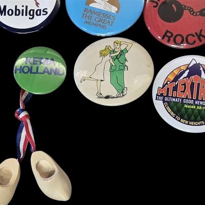 Sale Photo Thumbnail #207:  Lot of Misc Pinback Buttons plus Miniature Clogs.                           