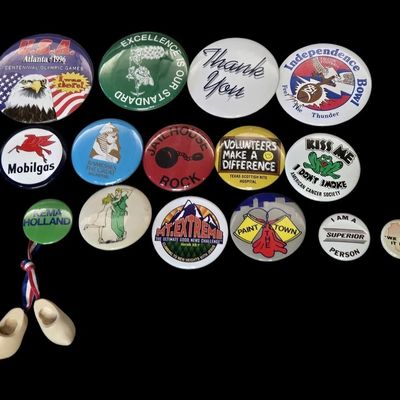 Sale Photo Thumbnail #203:  Lot of Misc Pinback Buttons plus Miniature Clogs.                           
