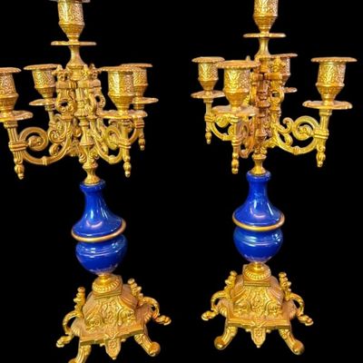 Sale Photo Thumbnail #238:  Ornate Gilt Bronze and Blue Porcelain Candelabras  5-Arm Design.                           