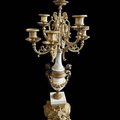 Sale Photo Thumbnail #240:  Antique Gilded Clock and Candelabra Set with Cherub Motif.                           