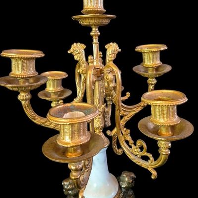 Sale Photo Thumbnail #250:  Antique Gilded Clock and Candelabra Set with Cherub Motif.                           
