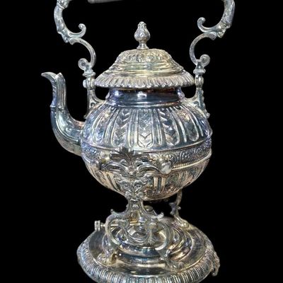 Sale Photo Thumbnail #262:  Silverplate Tilting Teapot on Stand with Warmer.                           