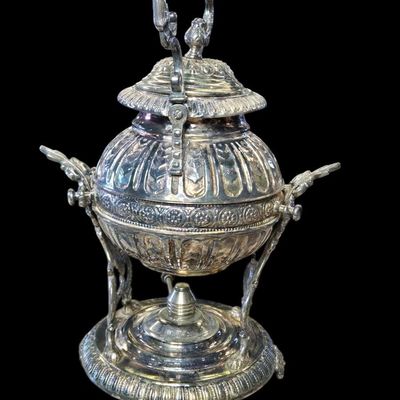 Sale Photo Thumbnail #263:  Silverplate Tilting Teapot on Stand with Warmer.                           
