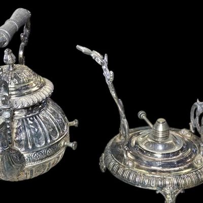 Sale Photo Thumbnail #264:  Silverplate Tilting Teapot on Stand with Warmer.                           