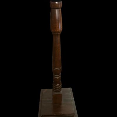 Sale Photo Thumbnail #273: 32.00 x 11.50 x 9.50 Tall dark wood pedestal stand featuring square top cap  turned spindle center column  and heavy tiered square plinth base. 32.00 x 11.50 x 9.50  