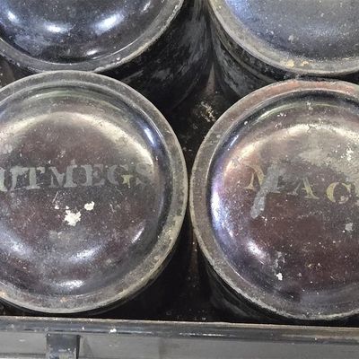 Sale Photo Thumbnail #351:  Metal Spice Box with Six Tins.                           