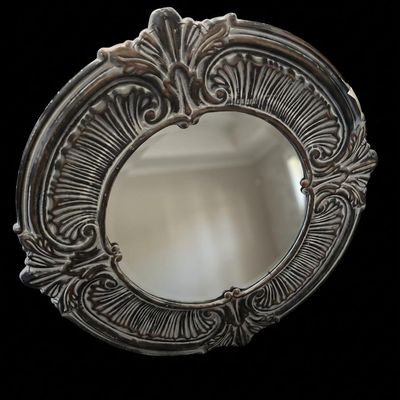 Sale Photo Thumbnail #359: 81) Heavy Ornate Carved Distressed Grey Round Accent Wall Mirror