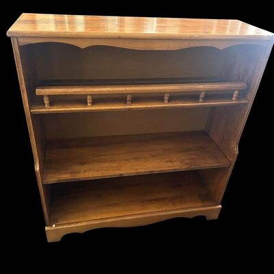 Sale Photo Thumbnail #495: 38 X 36 X 13 Scalloped top crest  decorative spindle gallery rail on upper shelf  open back  and shaped side panels. Dimensions: 38" H x 36" W x 13" D Local  .  