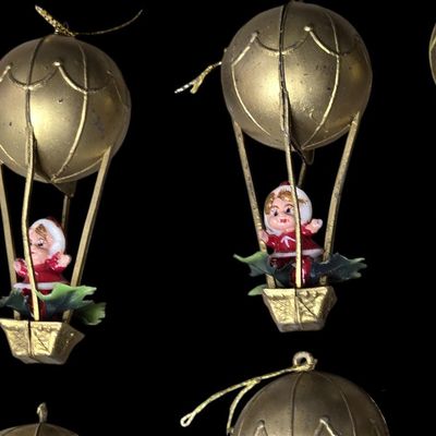 Sale Photo Thumbnail #561:  Vintage Christmas Ornaments  Elves in Hot Air Balloons.                           