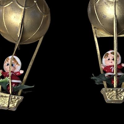 Sale Photo Thumbnail #567:  Vintage Christmas Ornaments  Elves in Hot Air Balloons.                           