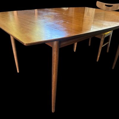 Sale Photo Thumbnail #602: 60.00 (w/o leaf) 72.00 (w/leaf) 40.00 Wide 29.00 Tall Mid-Century Modern Walnut Dining Table Set with 8 Mustard Velvet Chairs & Leaf  features tapered legs  1 leaf  leather table pad covers  and 8 matching MCM chairs (2 armchairs  6 side chairs) with cut-