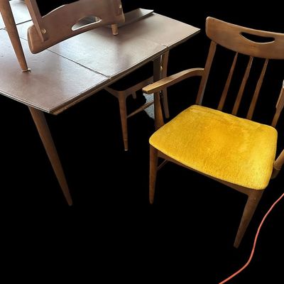 Sale Photo Thumbnail #598: 60.00 (w/o leaf) 72.00 (w/leaf) 40.00 Wide 29.00 Tall Mid-Century Modern Walnut Dining Table Set with 8 Mustard Velvet Chairs & Leaf  features tapered legs  1 leaf  leather table pad covers  and 8 matching MCM chairs (2 armchairs  6 side chairs) with cut-