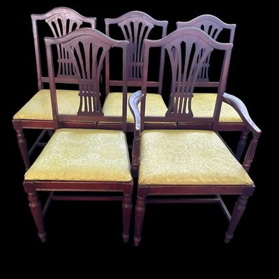 Sale Photo Thumbnail #655: Set of 5 rich mahogany dining chairs (1 armchair  4 side chairs) featuring pierced fan/splat backrests  serpentine top crests  turned front legs  and damask floral brocade fabric seat cushions.  