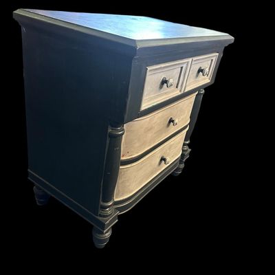 Sale Photo Thumbnail #689: 30.50 x 30 x 18 Solid wood accent chest featuring distressed dark slate blue frame  off-white/cream drawer fronts with turned ceramic knobs  3 drawers  and turned column pilasters. 30.50 x 30 x 18  
