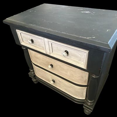 Sale Photo Thumbnail #688: 30.50 x 30 x 18 Solid wood accent chest featuring distressed dark slate blue frame  off-white/cream drawer fronts with turned ceramic knobs  3 drawers  and turned column pilasters. 30.50 x 30 x 18  
