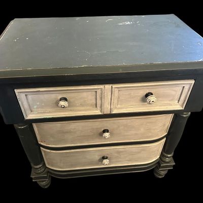 Sale Photo Thumbnail #687: 30.50 x 30 x 18 Solid wood accent chest featuring distressed dark slate blue frame  off-white/cream drawer fronts with turned ceramic knobs  3 drawers  and turned column pilasters. 30.50 x 30 x 18  