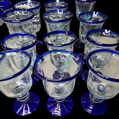 Sale Photo Thumbnail #778:  Mexican Hand-Blown Cobalt-Rim Glass Bowl.                           