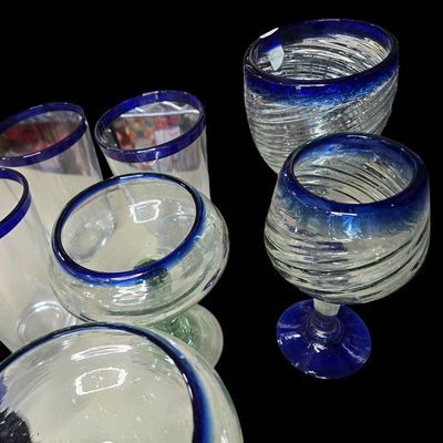 Sale Photo Thumbnail #785:  Mexican Hand-Blown Cobalt-Rim Glass Bowl.                           