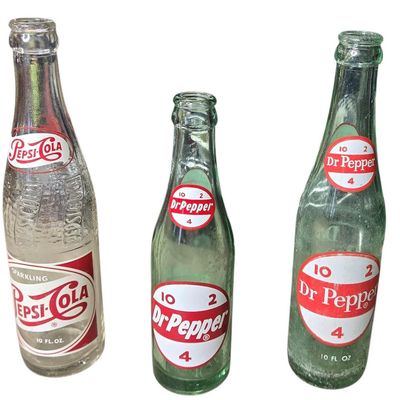 Sale Photo Thumbnail #835:  Lot of 3 soda bottles: 2 Dr Pepper / 1 Pepsi.                           