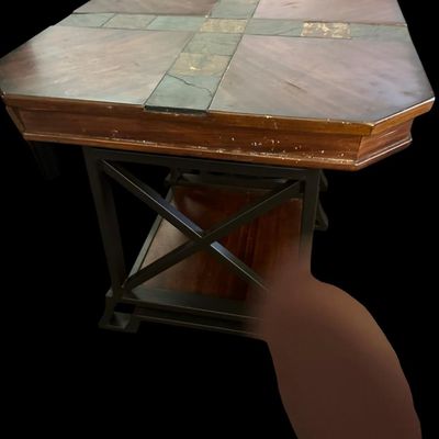 Sale Photo Thumbnail #851: Pair of square accent tables featuring tops set with multi-color natural slate tile cross inserts and parquet wood panels over dark metal X-brace bases and lower wooden display shelves.  