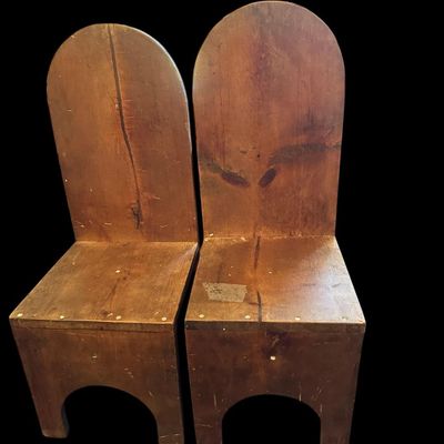 Sale Photo Thumbnail #904: 29"T × 11"W  12" seat Pair of Primitive sturdy rustic solid pine/hardwood children's chairs featuring arched tombstone-style backrests  solid seats  and cutout arch apron bases. Dimensions: 29" Tall x 11" Wide (12" Seat-to-Floor Height).  