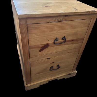 Sale Photo Thumbnail #932: 30"T × 22"W × 25.5"D Solid knotty pine deep 2-drawer file cabinet/chest featuring rustic drop handles and plinth base. Dimensions: 30" Tall x 22" Wide x 25.50" Deep.  