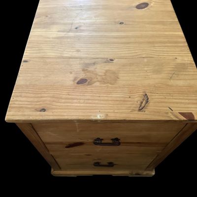 Sale Photo Thumbnail #933: 30"T × 22"W × 25.5"D Solid knotty pine deep 2-drawer file cabinet/chest featuring rustic drop handles and plinth base. Dimensions: 30" Tall x 22" Wide x 25.50" Deep.  