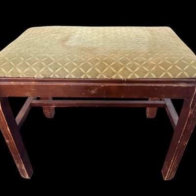 Sale Photo Thumbnail #951: 19.00 x 16.00 Rectangular wood footstool/vanity bench with fluted corner legs  lower cross stretchers  and padded sage green geometric diamond pattern upholstered seat cushion. 19.00 x 16.00  