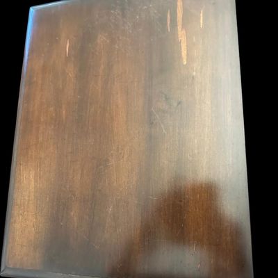 Sale Photo Thumbnail #958: 27.00 x 19 x 14.50 Solid wood end table/nightstand in warm mahogany finish featuring top slide-out tray  open middle display cubby section  lower drawer with brass bail handle  and bracket feet. 27.00 x 19 x 14.50  