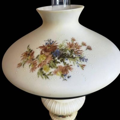 Sale Photo Thumbnail #1079:  Fenton Hand-Painted Custard Glass Lamp with Floral Design  24 x 13.5 Inches.                           