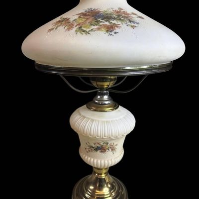 Sale Photo Thumbnail #1078:  Fenton Hand-Painted Custard Glass Lamp with Floral Design  24 x 13.5 Inches.                           
