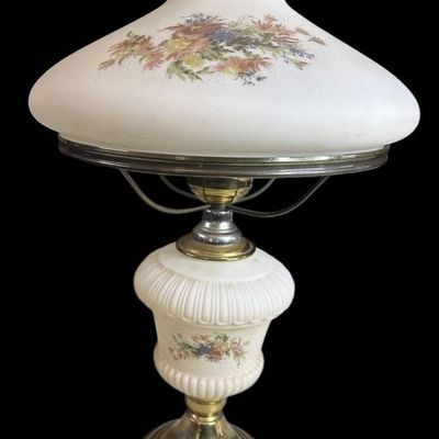 Sale Photo Thumbnail #1081:  Fenton Hand-Painted Custard Glass Lamp with Floral Design  24 x 13.5 Inches.                           
