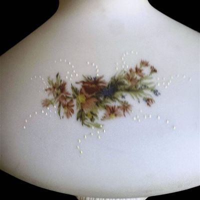 Sale Photo Thumbnail #1083:  Fenton Hand-Painted Custard Glass Lamp with Floral Design  24 x 13.5 Inches.                           