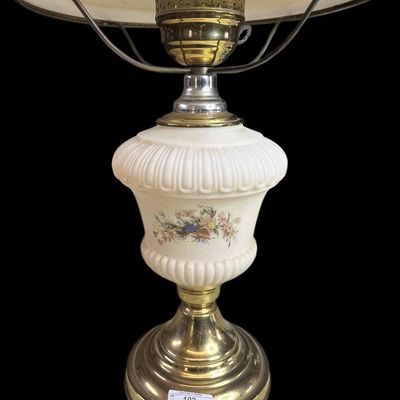 Sale Photo Thumbnail #1080:  Fenton Hand-Painted Custard Glass Lamp with Floral Design  24 x 13.5 Inches.                           