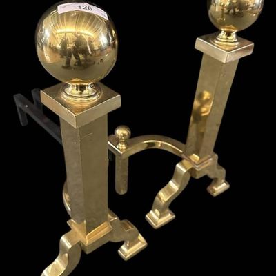 Sale Photo Thumbnail #1086:  Brass Andirons with Ball Finial Detailing.                           
