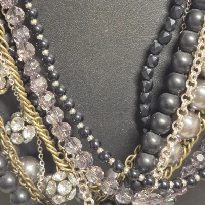 Sale Photo Thumbnail #114: The image shows a multi-strand statement necklace that appears to be the "Main Event" necklace by Premier Designs, featuring layered strands of black beads, gray faux pearls, and metallic chain